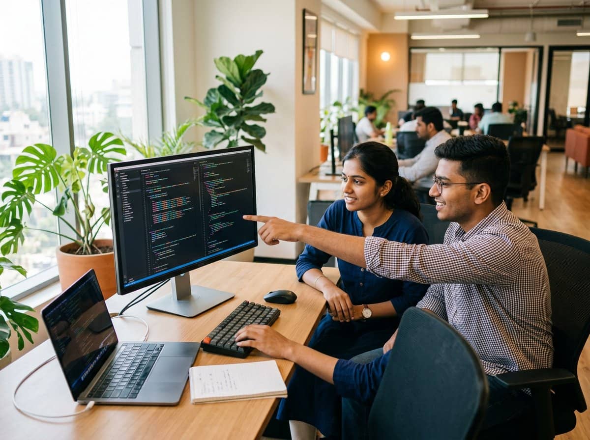 Software engineers working together on a product build
