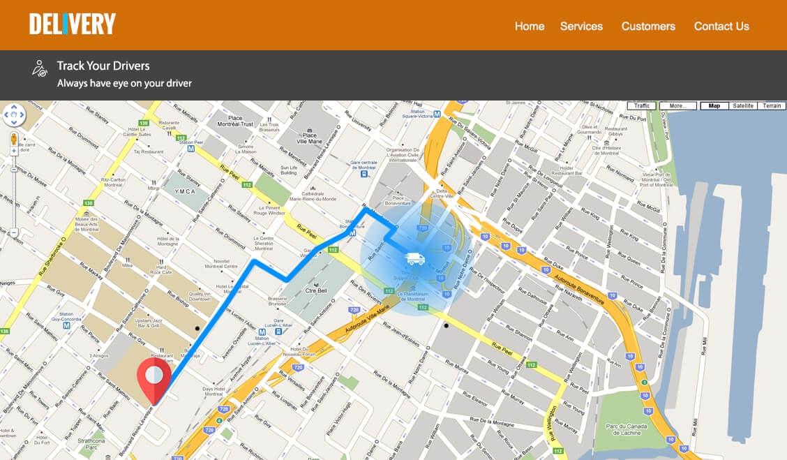 Delivery management software screen tracking a driver on a live map
