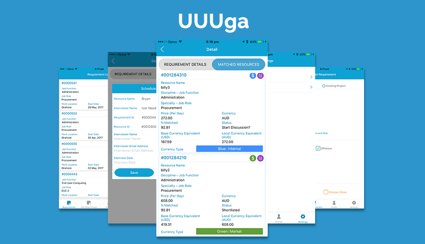 Mobile app screens from LogicSpice industry software projects