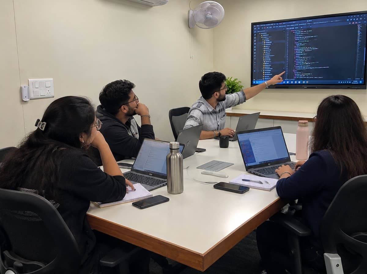 LogicSpice developers reviewing code together on a screen in the Jaipur office