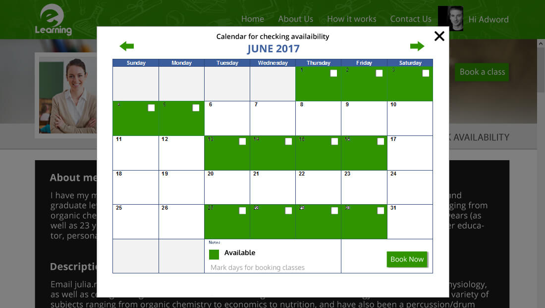 Tutor availability calendar for booking online classes
