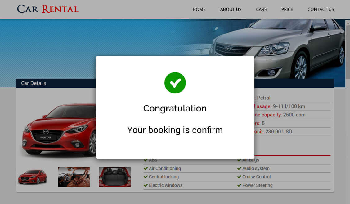 Car rental booking confirmation message