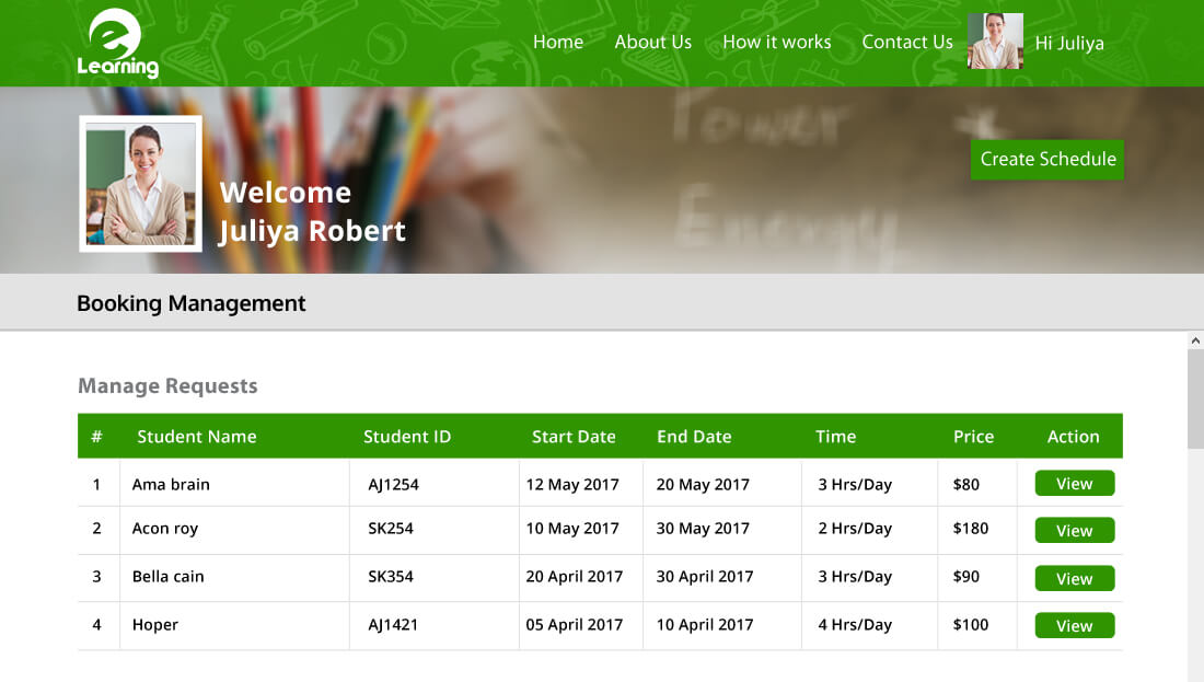 Tutor dashboard for managing e-learning class booking requests