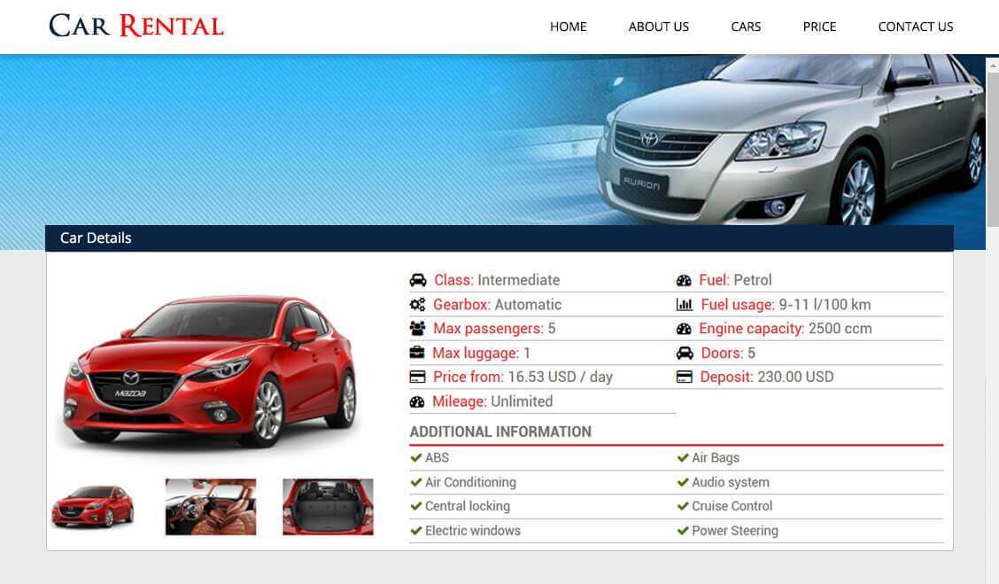 Car rental software car details page with specifications and booking panel