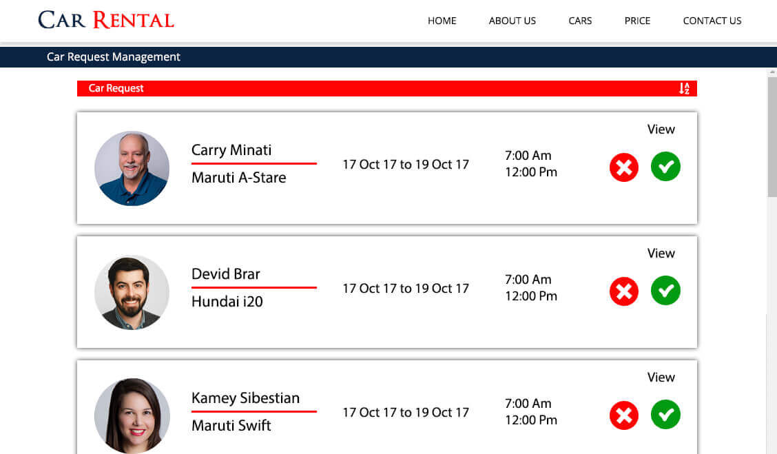 Car rental request management screen for rental owners