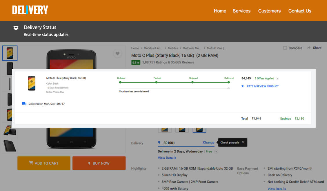 Delivery status screen in delivery management software