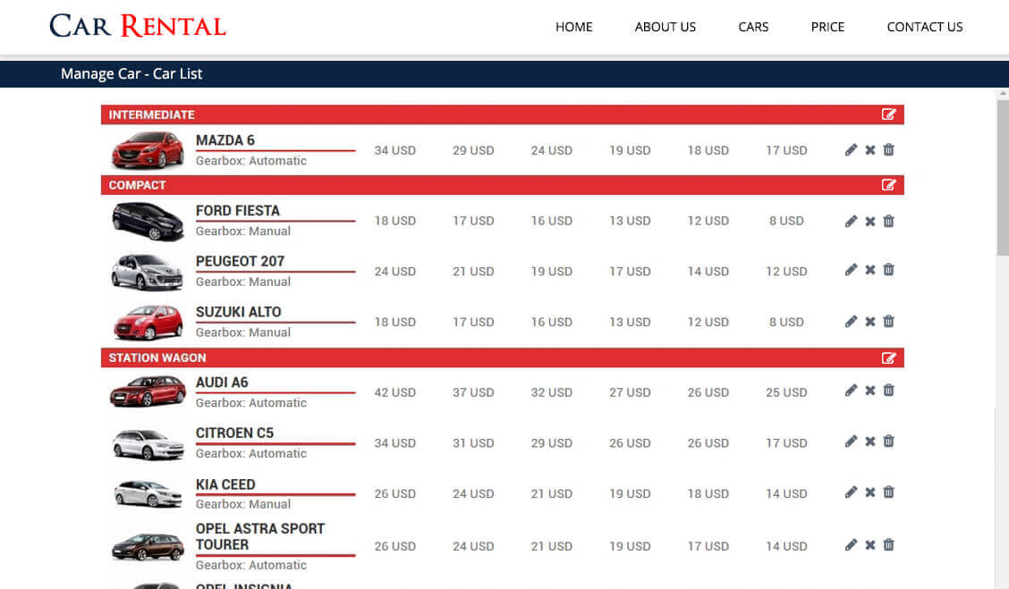 Rental owner car list with rates by category in the car rental software