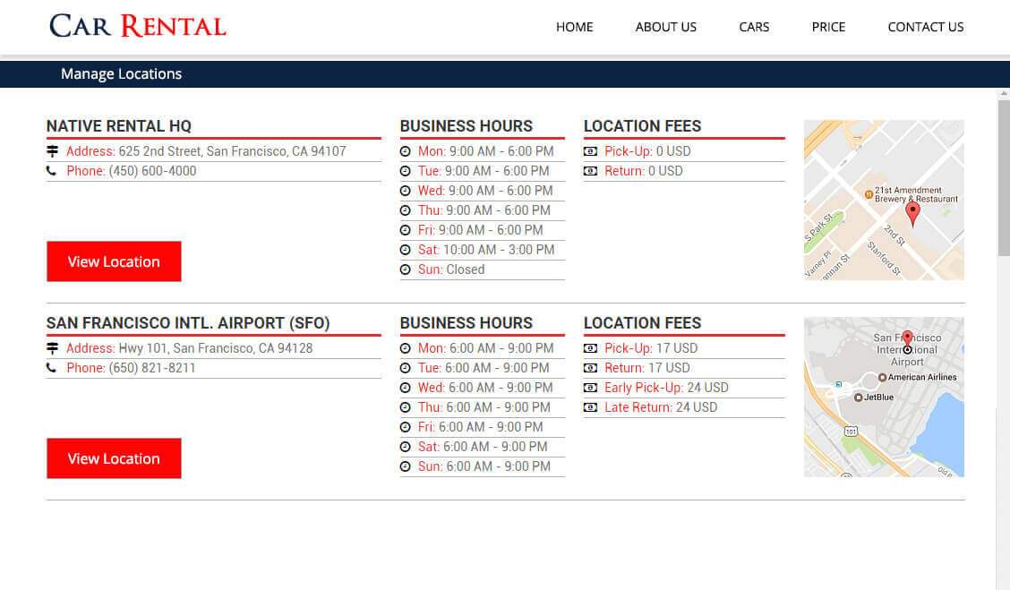 Car rental pick-up locations with business hours