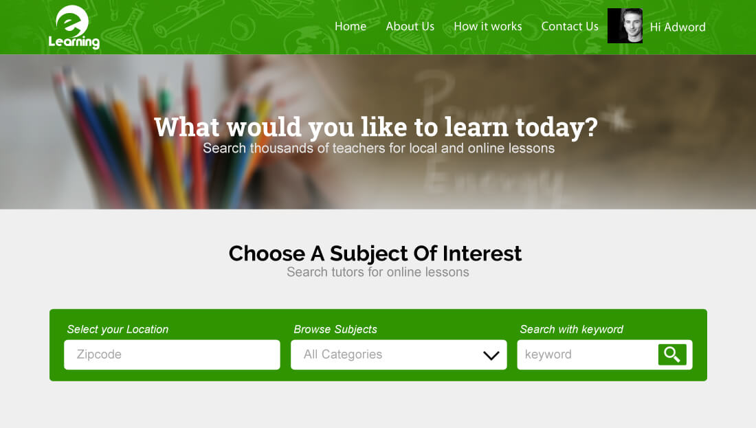 E-learning platform tutor search by subject, location and keyword