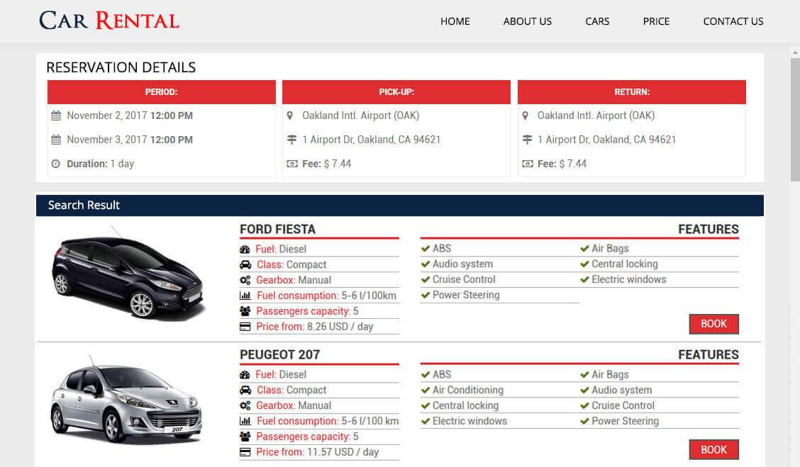 Car rental search results listing cars with features and prices