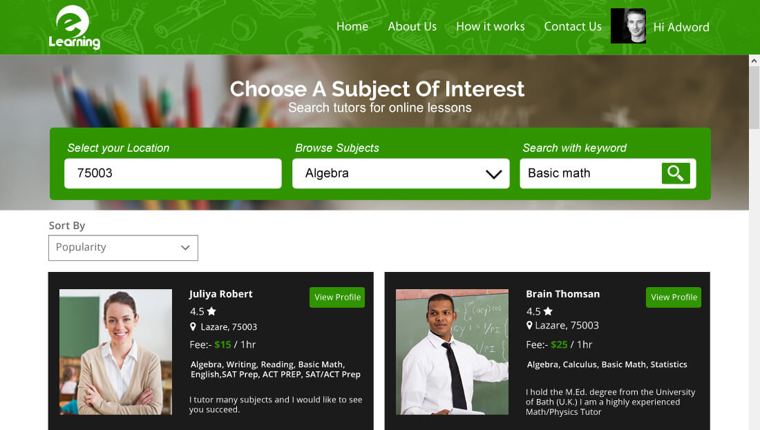 E-learning tutor listing page with ratings and fees
