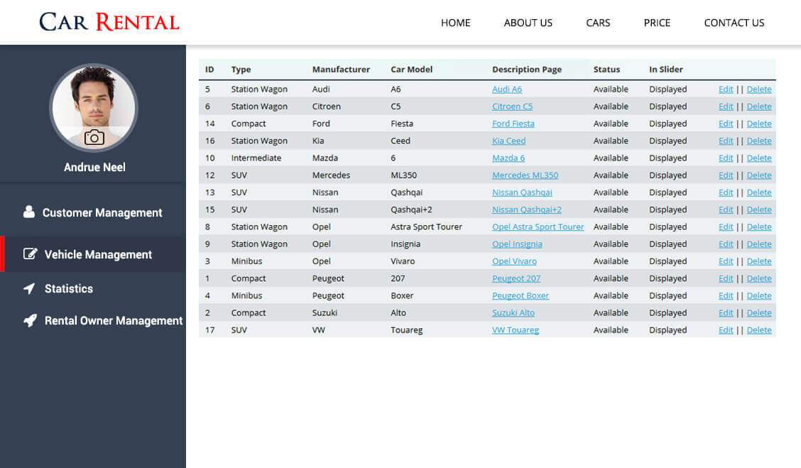 Car rental admin vehicle management table