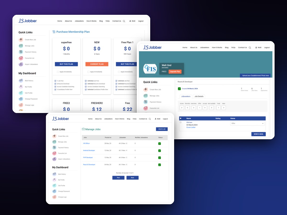 LS Jobber screens: membership plans, candidate management and job management