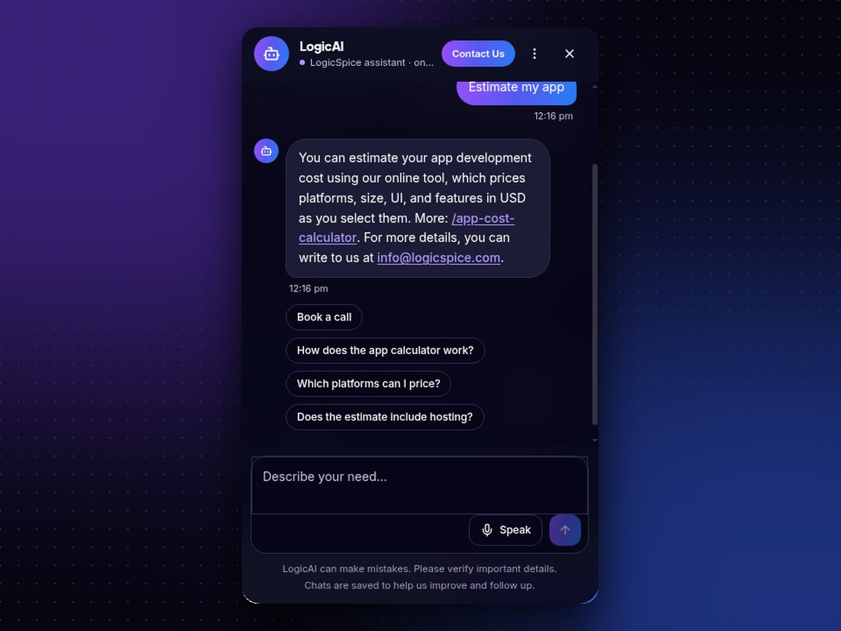 LogicAI, the assistant on the LogicSpice website, answering a question about app cost