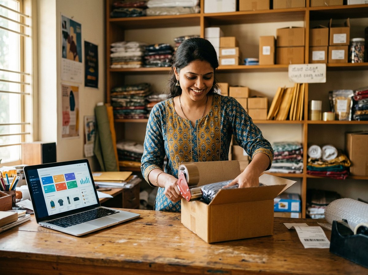 A shop owner in India packing an online order next to a laptop showing her store