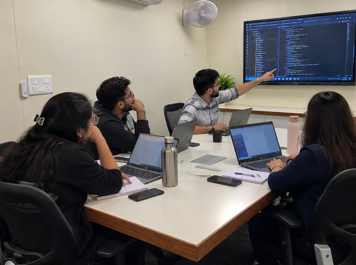 Support team handling customer queries in the office